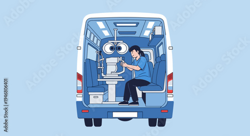 Mobile Vision Clinic Illustration Depicting Eye Care Services And Patient Examination