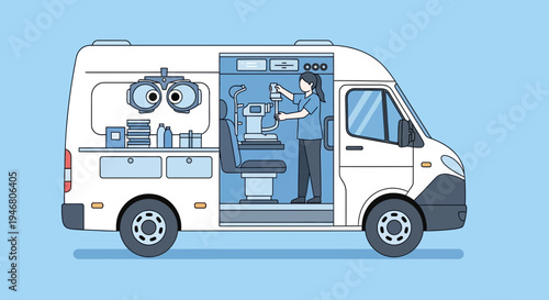 Mobile Vision Clinic Illustration Depicting Healthcare Worker Performing Eye Exam On Location