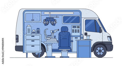 Mobile Vision Clinic Illustration Offering Eye Examinations and Healthcare Services