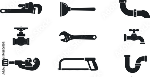 Professional Plumbing Tools Silhouette Icon Set Featuring Pipe Wrench Plunger Water Pipe Gate Valve Adjustable Wrench Faucet Pipe Cutter Hacksaw and P-Trap
