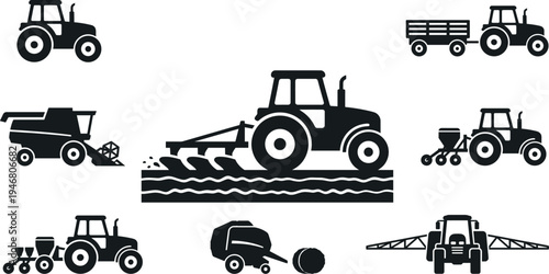 Professional Tractor and Farm Machinery Icon Set Featuring Agricultural Vehicles Plowing Harvesting Seeding and Field Irrigation Equipment Silhouettes