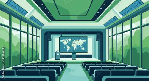 Modern Conference Hall Presentation on Global Networks and International Diplomacy