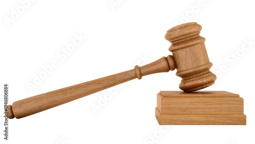 Isolated wooden gavel and sound block used in courts and auctions, symbol of justice