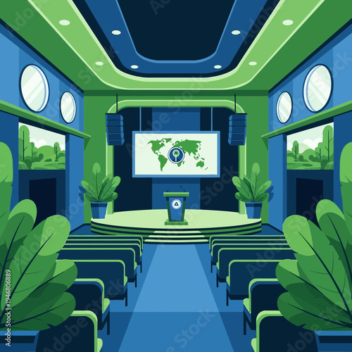 Modern Conference Hall Interior Featuring Global Map Presentation and Greenery Elements