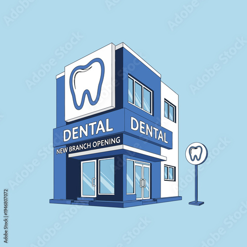 Modern Dental Clinic Building Depiction Showing New Branch Opening and Tooth Symbolism
