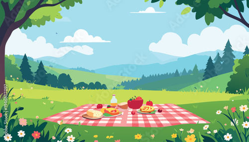 Summer picnic scene in the park with basket, food, salad, pie, and drink on a red blanket. Green trees, mountains, and blue sky in the background. Flat vector illustration in pastel tones. Vector