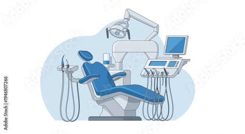 Modern Dental Clinic Interior Illustration Depicting Chairs, Tools, and Medical Equipment