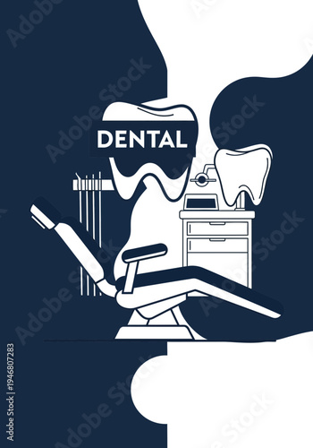 Modern Dental Clinic Interior Illustration Depicting Teeth Treatment Procedures and Instruments