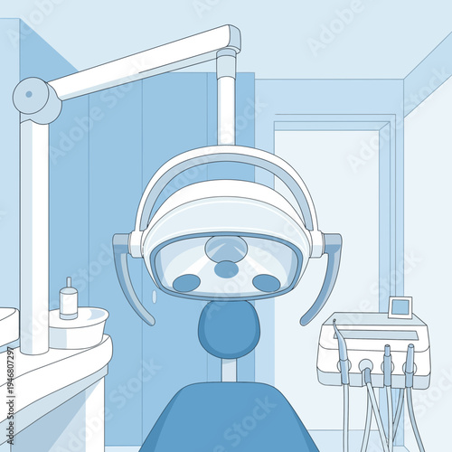 Modern Dental Clinic Interior Illustration Featuring Specialized Equipment and Comfortable Seating