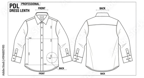 Technical Drawing of a Long-Sleeved Dress Shirt with Front and Back Views.