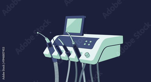 Modern Dental Equipment Illustration Showing Medical Apparatus with Digital Screen Display