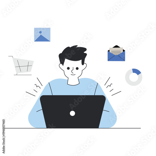 Professional man working on laptop with multitasking business vector illustration.