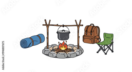 Camping gear and outdoor equipment setup.