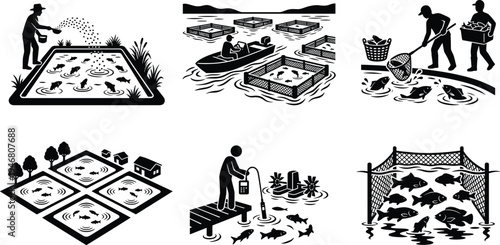 Professional Aquaculture and Fish Farming Icon Set Featuring Fishermen Feeding Fish Harvesting with Nets Cage Farming and Industrial Fish Pond Silhouettes