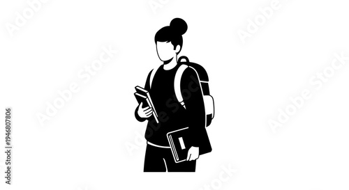 Young woman with books and backpack.