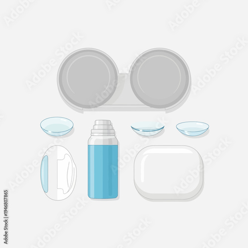 Modern Eye Care Accessories Displaying Contact Lenses, Solution, And Related Components