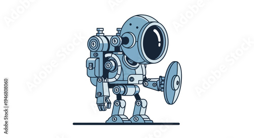 Robot with large round camera lens.