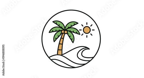Palm Tree Icon With Sun Wave.