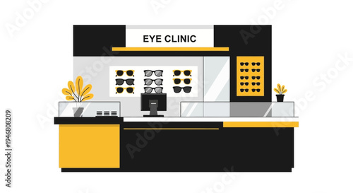 Modern Eye Clinic Interior Illustration with Sunglasses Display and Reception Area