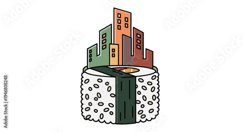 Sushi with city buildings on top.