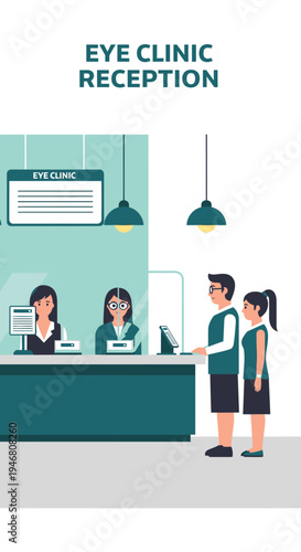 Modern Eye Clinic Reception Featuring Patients Interacting With Helpful Staff Members