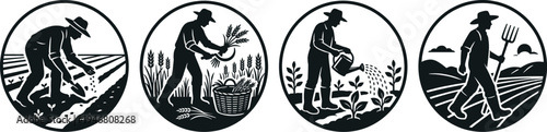 Professional Agriculture Icon Set Featuring Farmers Planting Seeds Harvesting Wheat Watering Crops and Rural Farm Life Silhouettes in Circular Frames