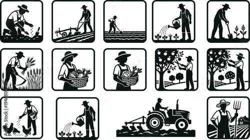 Professional Agriculture and Farming Icon Set Featuring Farmers Planting Harvesting Watering Crops Driving Tractor and Poultry Farming Silhouettes