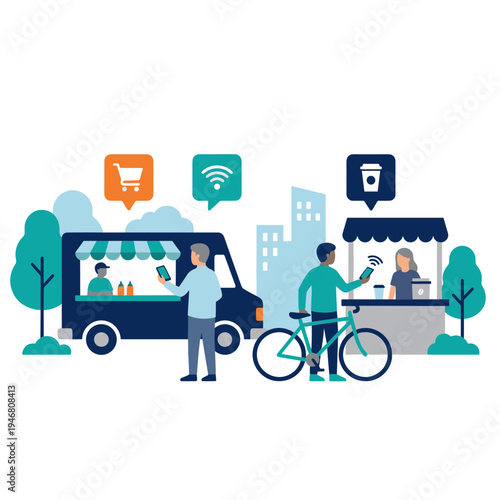 People ordering food from a truck and a stall in a city