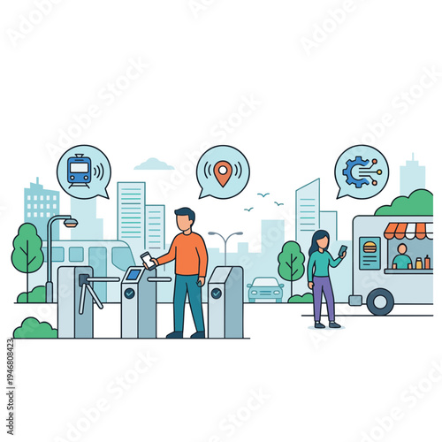 A man using a ticket gate while a woman stands next to a food truck in a city.