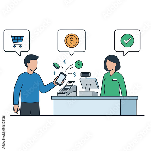 Man pays woman at checkout counter with mobile phone and money