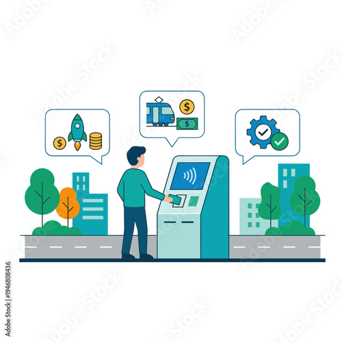 Man using an ATM machine on a city street with icons