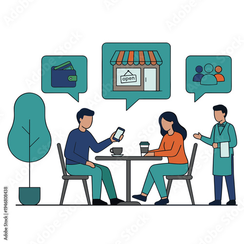 People discuss finance with store owner at table with cups