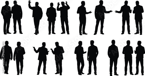 business people silhouettes collection, professional men standing walking talking and greeting poses, corporate team characters set, office communication vector illustration isolated