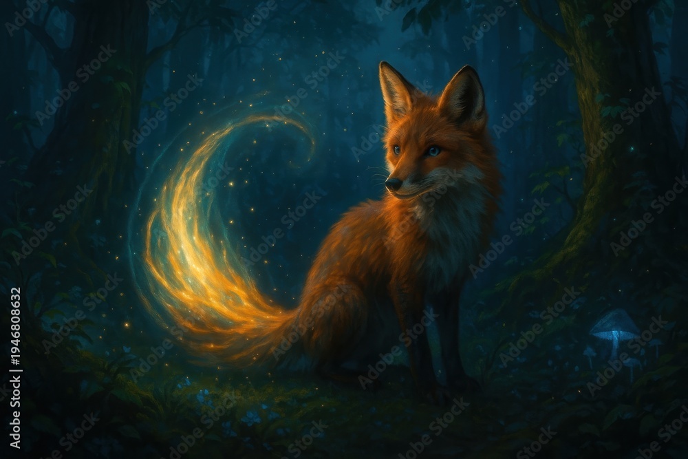 Fototapeta premium Enchanted fox glowing forest background