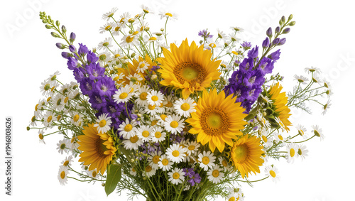 Fotografía Isolated vibrant summer bouquet with sunflowers, purple delphiniums, and chamomi
