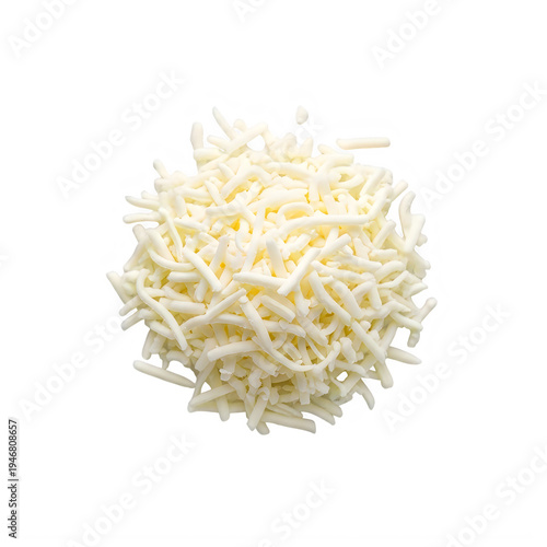 Pile of Fresh Shredded Mozzarella Cheese Isolated on Black Background. Ideal for Culinary Concepts, Recipe Ingredients, Pizza Toppings, and Food Design.
