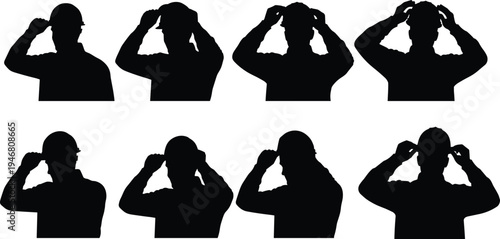 construction worker head silhouettes adjusting safety helmet set, builder putting on hard hat protection gear, industrial labor safety concept vector illustration isolated