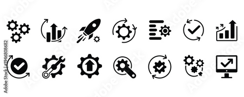 Business process optimization and improvement icons for workflow efficiency and productivity