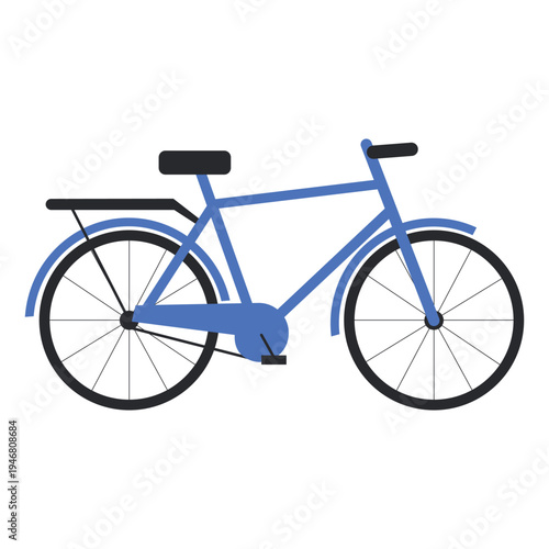 Simple blue commuter bicycle with black seat and rear rack isolated on white vector illustration.