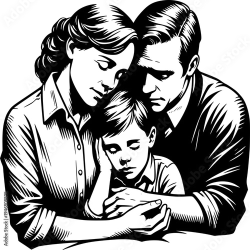 Happy family silhouette kissing with children and smiles vector illustration