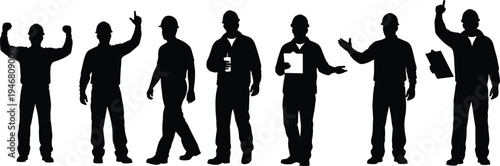 construction worker silhouettes collection, builders wearing helmet gesturing pointing walking and holding clipboard poses, industrial labor workforce characters vector illustration isolated