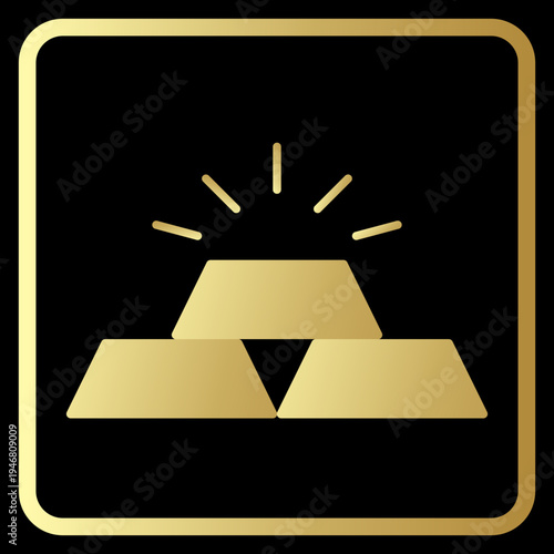 A gradient gold bar icon with sparkling light on top with gold frame on black background.