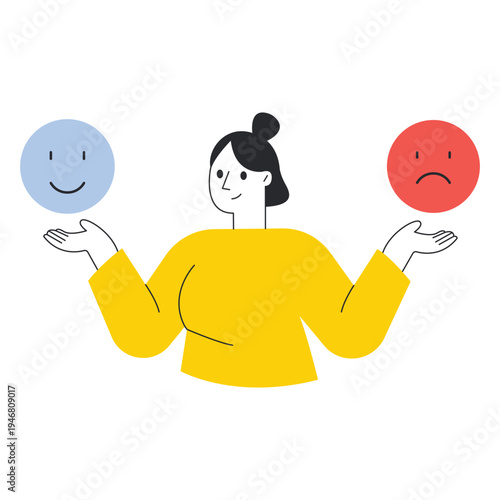 Woman balancing happy and sad face emoji icons for mental health awareness vector illustration.