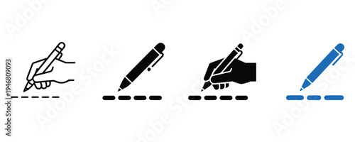 Four different icons of hands holding pens writing on dotted lines in black and blue on white background for business or education concepts