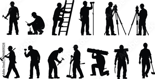 construction worker silhouettes collection, builders with ladder surveying equipment and tools poses set, industrial labor workforce characters, professional construction vector illustration isolated