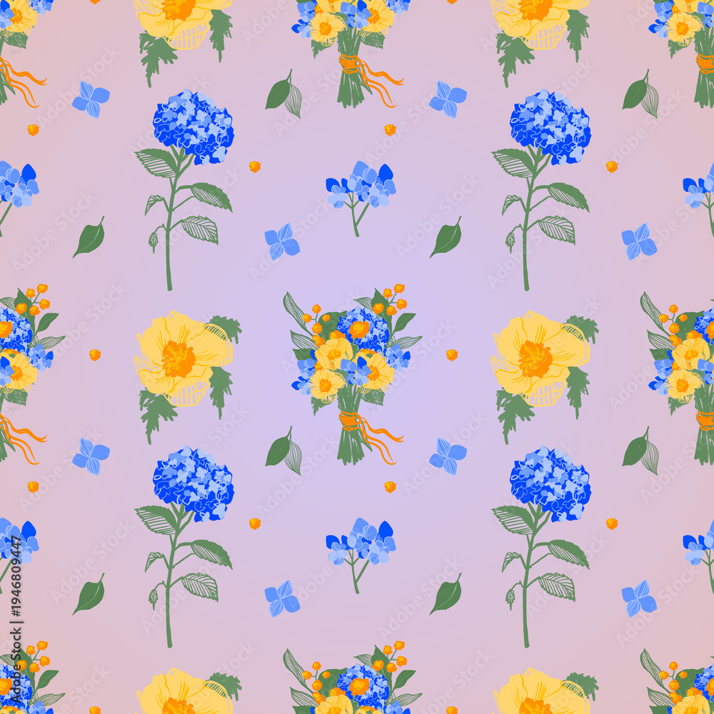 Fototapeta premium Pattern of illustrations of blue hydrangeas and yellow anemones on the pink background