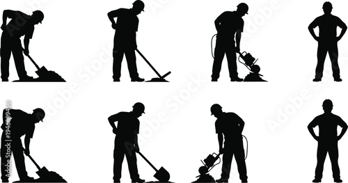 construction worker silhouettes digging and roadwork poses set, builders using shovel and cutter machine, industrial labor workforce vector illustration isolated