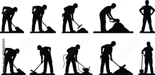 construction worker silhouettes digging and road repair activities set, builders using shovel, hammer and cutter machine, industrial labor workforce vector illustration isolated