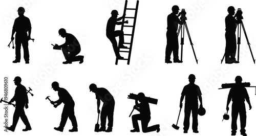 construction worker silhouettes set, builders with ladder tools and surveying equipment poses, industrial labor team collection, professional workforce vector illustration isolated