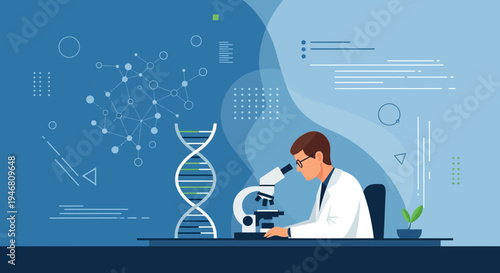 Scientist examining DNA structure with microscope in futuristic laboratory, biotechnology concept